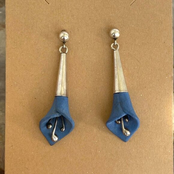 Sterling Silver 925 1.5" Blue Resin 3D Calla Lily Floral Flower Dangle Earrings - Picture 16 of 16